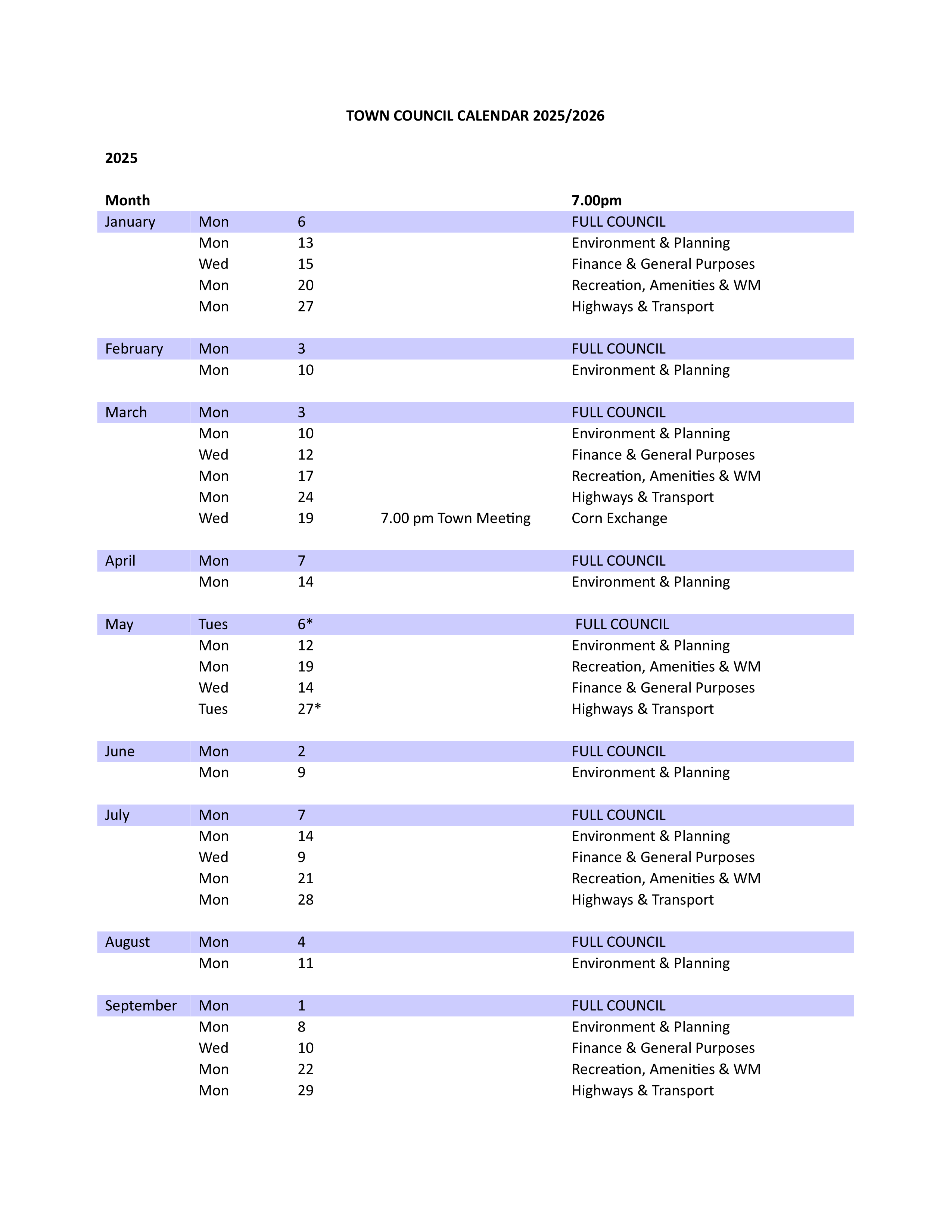 Town Council Calendar April 2025-March 2026 1